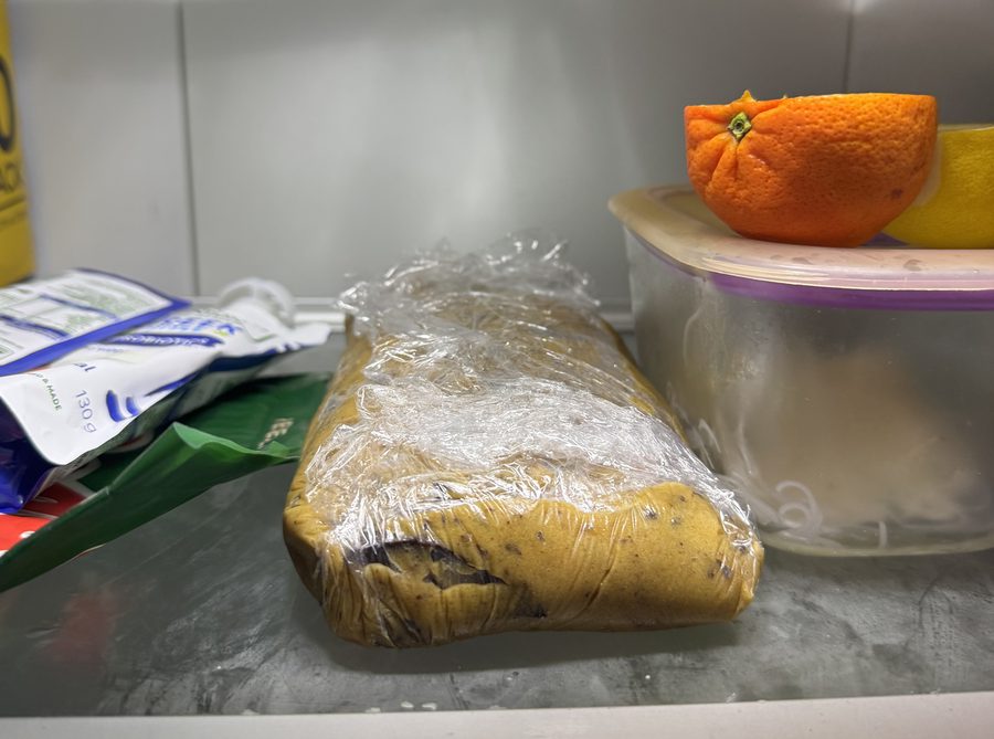 Cookie dough resting in the fridge